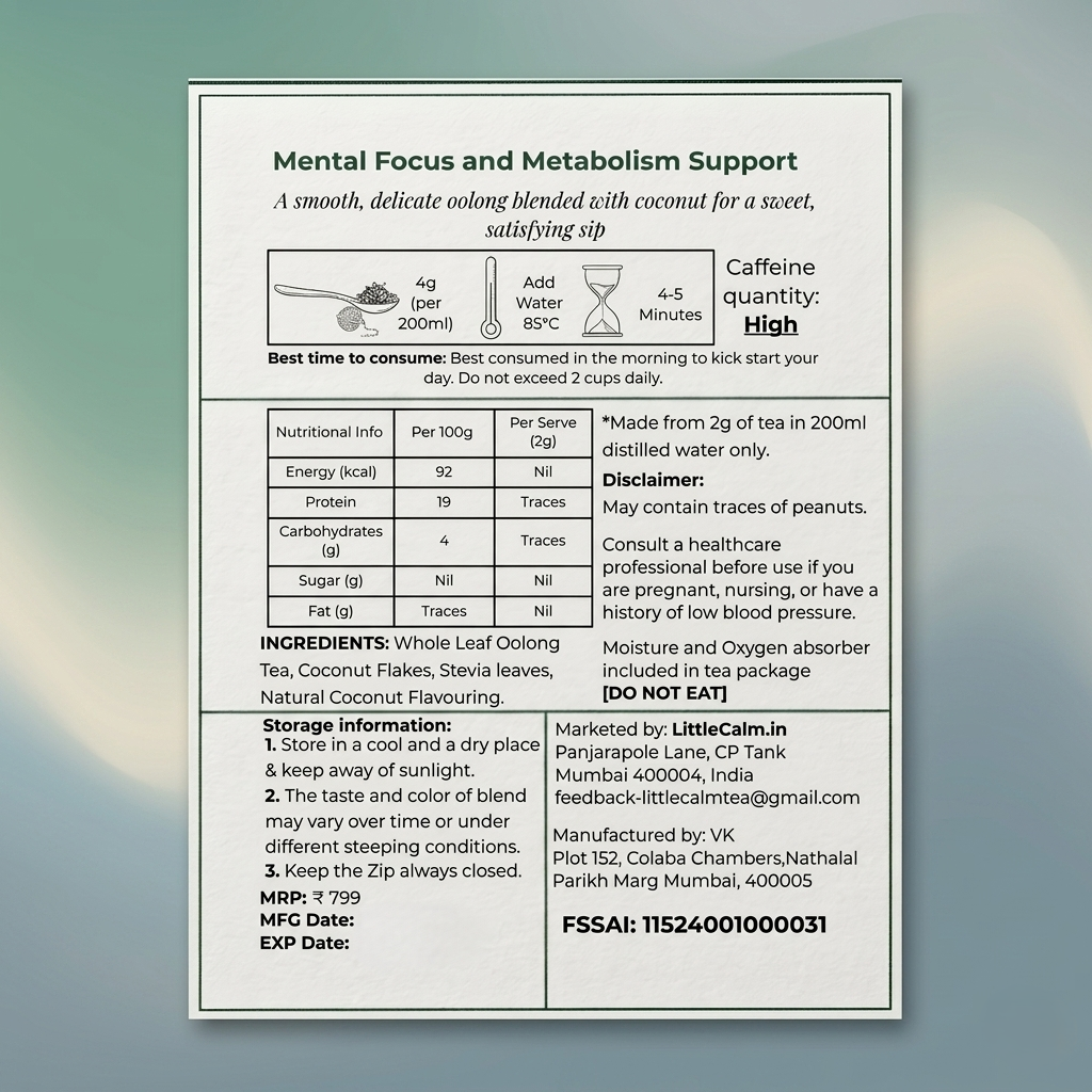 LittleCalm Jade Summit oolong tea label showing ingredients, metabolism support brewing guide, and nutrition facts.