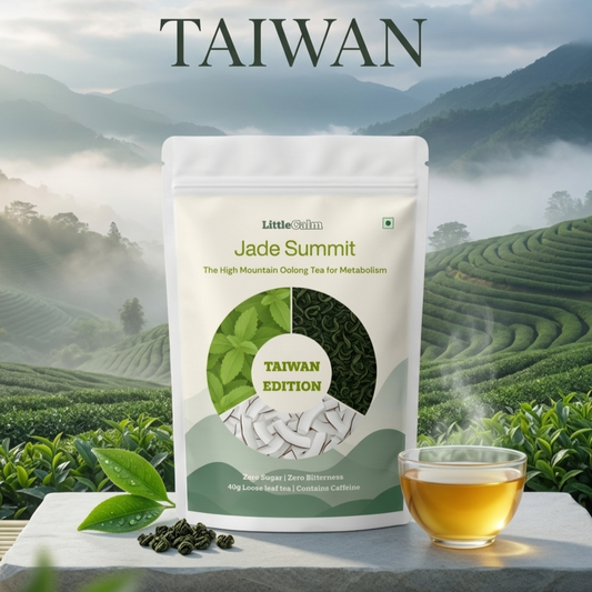 LittleCalm Jade Summit — Premium Taiwanese whole leaf oolong coconut tea, 40g metabolism boost, zero sugar, Taiwan Edition, with misty mountain tea plantation backdrop and fresh tea leaves