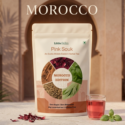 LittleCalm Pink Souk β Moroccan lemon verbena loose leaf herbal detox tea, 40g caffeine-free zero sugar Morocco Edition, with stunning pink brew, fresh basil, and hibiscus ingredients