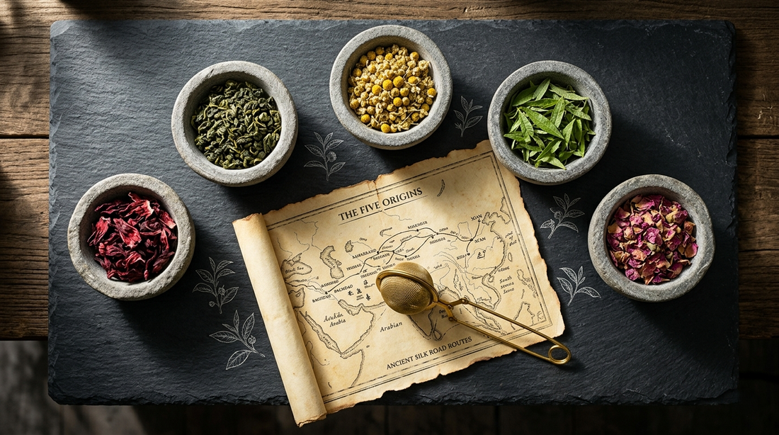 Premium LittleCalm Five Origins loose leaf tea ingredients—Egyptian hibiscus, Taiwanese oolong, and Mediterranean chamomile—arranged in minimalist stone bowls over an ancient Silk Road map for an authentic tea ritual.