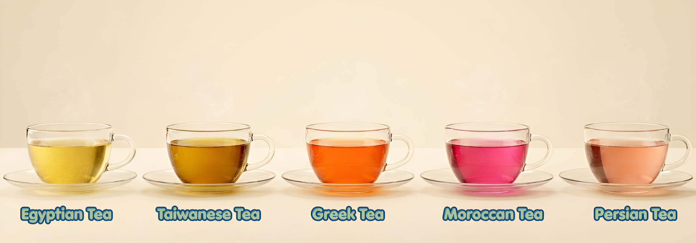 Five cups of different types of tea on a beige background, Herbal Tea, Hibiscus tea, Rose Tea, Persian Tea India Tea, Herbal Tea, Blue Tea, Pink Tea