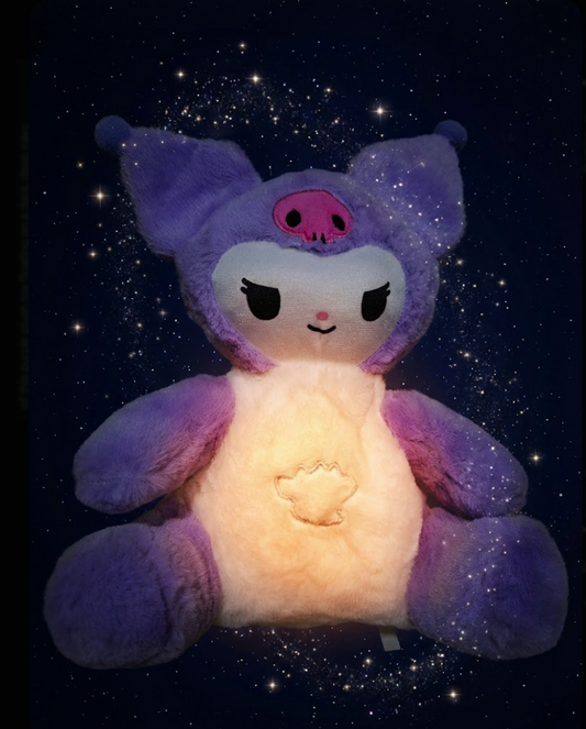 Breathing Kuromi Plush toy with purple and pink design against a starry night sky background