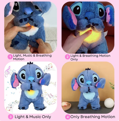 Plush toy with light-up feature shown in various motions on a pink background