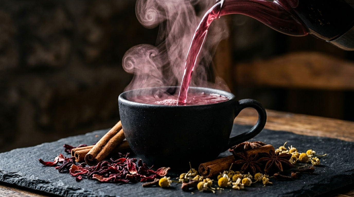 Healthy and Tasty Herbal Tea, Blue Tea, Pink Tea, taste good India. Steaming hot beverage being poured into a black mug with cinnamon sticks and flowers on a dark surface.