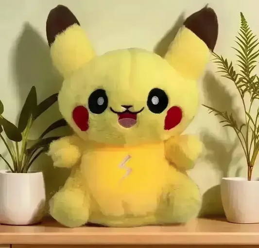Breathing Pikachu Plush resembling Pikachu on a wooden surface with plants in the background