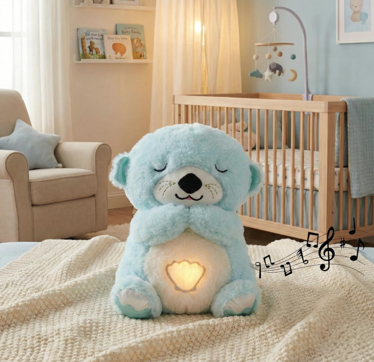 Light blue teddy bear with a heart light in a nursery setting