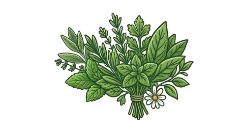 Healthy Whole leaf herbal tea no dust just healthy tasty original tea Illustration of a bundle of green herbs with a small white flower on a white background