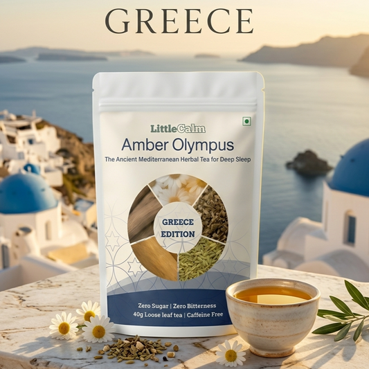 LittleCalm Amber Olympus — Ancient Mediterranean chamomile valerian loose leaf sleep tea, 40g caffeine-free, zero sugar, Greece Edition, with Santorini backdrop and fresh chamomile flowers