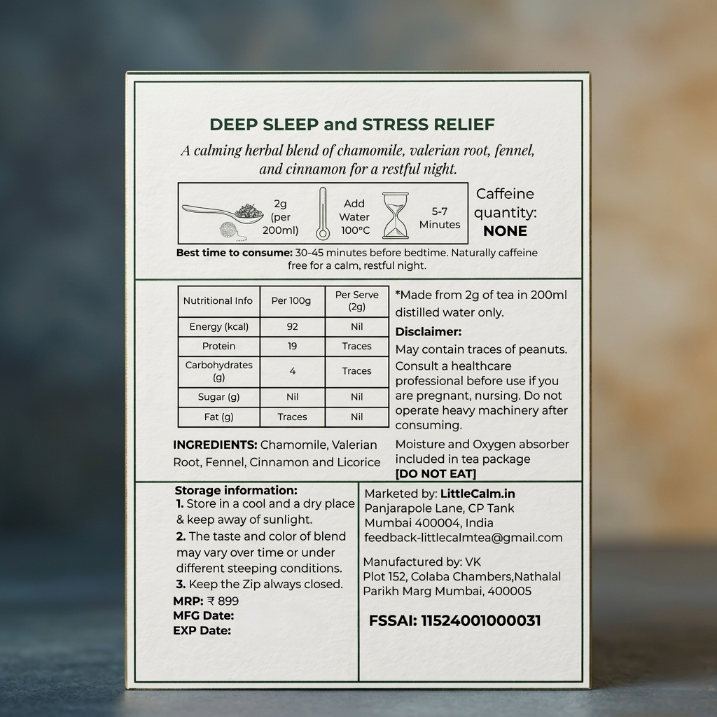 LittleCalm Amber Olympus sleep tea label showing ingredients, caffeine-free brewing instructions, and nutritional facts.