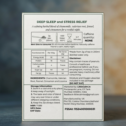 LittleCalm Amber Olympus sleep tea label showing ingredients, caffeine-free brewing instructions, and nutritional facts.