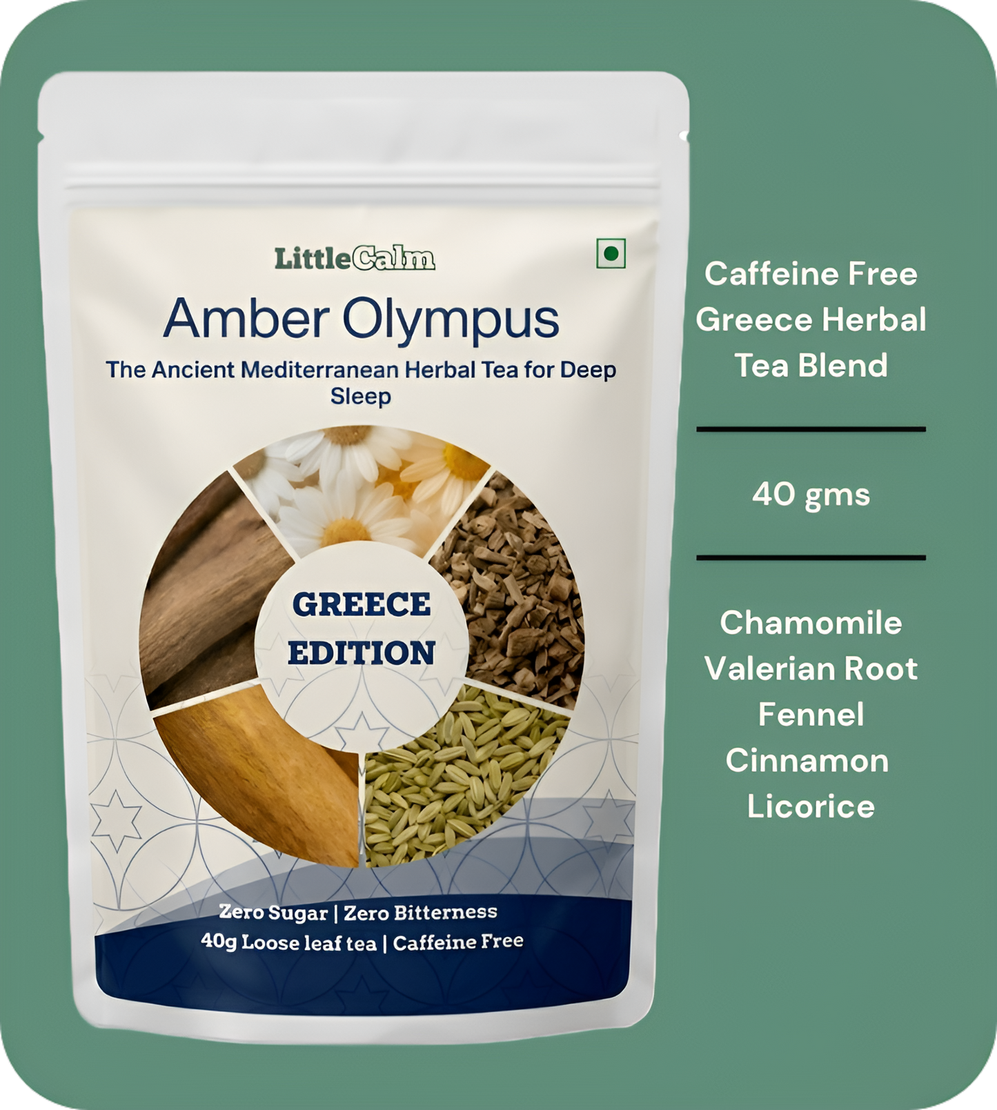 LittleCalm Amber Olympus Mediterranean chamomile valerian loose leaf sleep tea hero pouch – premium caffeine-free herbal tea for deep calm and stress relief, zero sugar zero bitterness, 40g loose leaf no microplastics India