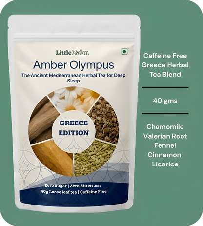 LittleCalm Amber Olympus Mediterranean chamomile valerian loose leaf sleep tea hero pouch – premium caffeine-free herbal tea for deep calm and stress relief, zero sugar zero bitterness, 40g loose leaf no microplastics India