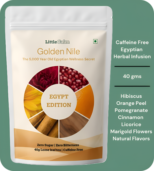 LittleCalm Golden Nile Egyptian hibiscus pomegranate loose leaf herbal tea hero pouch on sage green – premium caffeine-free antioxidant tea for uplift and immunity, zero sugar zero bitterness, 40g loose leaf no microplastics India