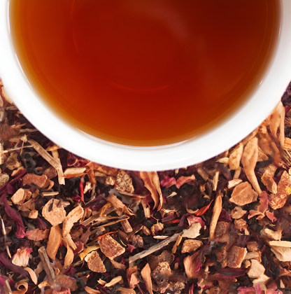 LittleCalm Golden Nile Egyptian hibiscus tea cup on loose leaf blend – premium caffeine-free herbal tea for antioxidant boost and afternoon uplift, fruity ruby brew with real pomegranate and orange peel, 100% loose leaf no microplastics India