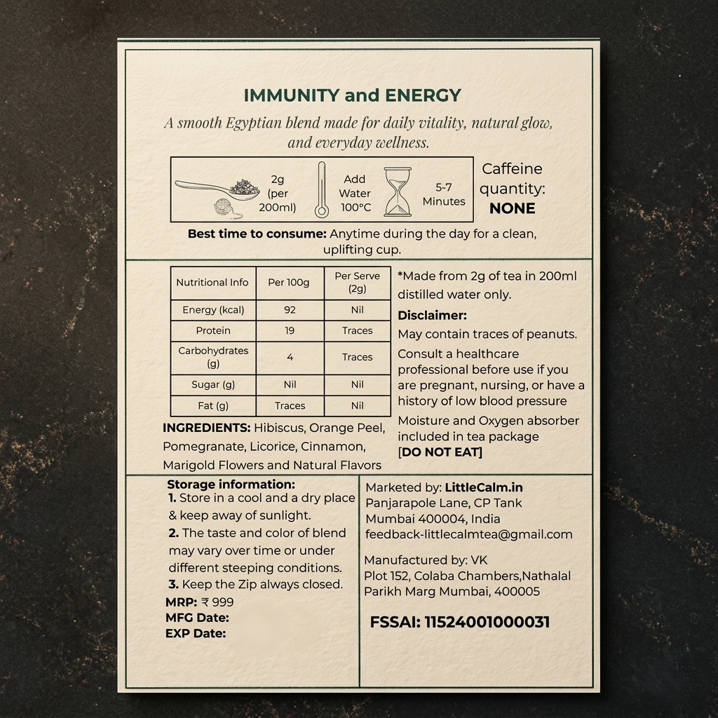 LittleCalm Golden Nile immunity tea label showing ingredients, caffeine-free brewing instructions, and nutritional facts.
