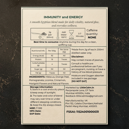 LittleCalm Golden Nile immunity tea label showing ingredients, caffeine-free brewing instructions, and nutritional facts.