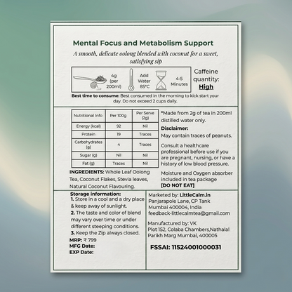 LittleCalm Jade Summit oolong tea label showing ingredients, metabolism support brewing guide, and nutrition facts.