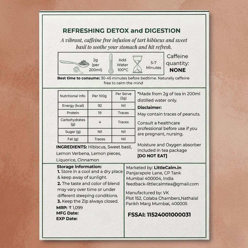 LittleCalm Pink Souk detox tea label showing ingredients, caffeine-free brewing instructions, and nutritional facts.