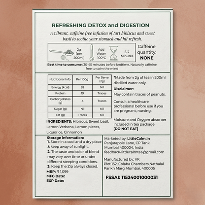 LittleCalm Pink Souk detox tea label showing ingredients, caffeine-free brewing instructions, and nutritional facts.