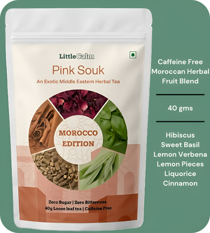 LittleCalm Pink Souk Moroccan lemon verbena loose leaf herbal tea hero pouch – India’s first premium caffeine-free detox tea for digestion and skin clarity, zero sugar zero bitterness, 40g loose leaf no microplastics India
