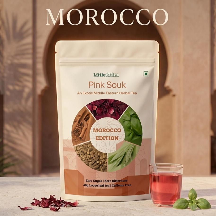 LittleCalm Pink Souk — Moroccan lemon verbena loose leaf herbal detox tea, 40g caffeine-free zero sugar Morocco Edition, with stunning pink brew, fresh basil, and hibiscus ingredients