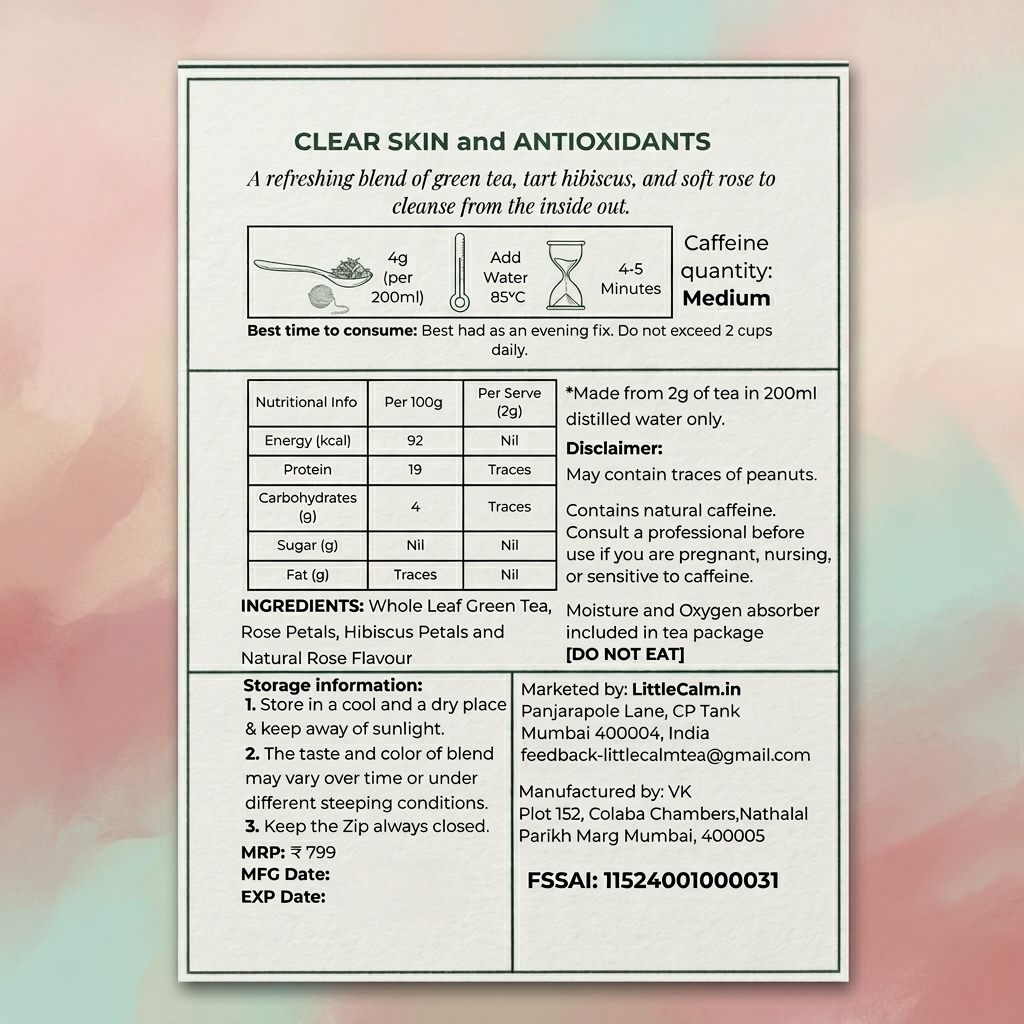 LittleCalm Rose Silk Road green tea label showing ingredients, beauty-from-within brewing guide, and nutrition facts.