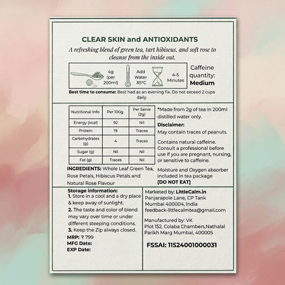 LittleCalm Rose Silk Road green tea label showing ingredients, beauty-from-within brewing guide, and nutrition facts.