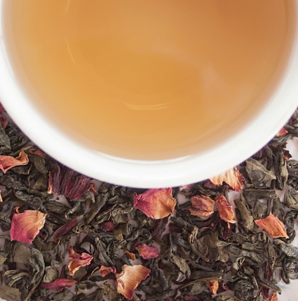 LittleCalm Rose Silk Road Persian rose petals green tea cup on loose leaf blend – premium whole leaf tea for beauty from within and gentle mood uplift, soft rosy-green brew with hibiscus, loose leaf no microplastics India