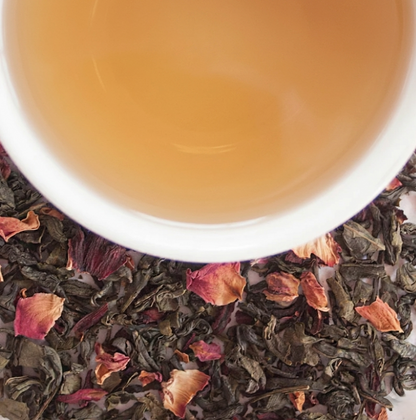 LittleCalm Rose Silk Road Persian rose petals green tea cup on loose leaf blend – premium whole leaf tea for beauty from within and gentle mood uplift, soft rosy-green brew with hibiscus, loose leaf no microplastics India