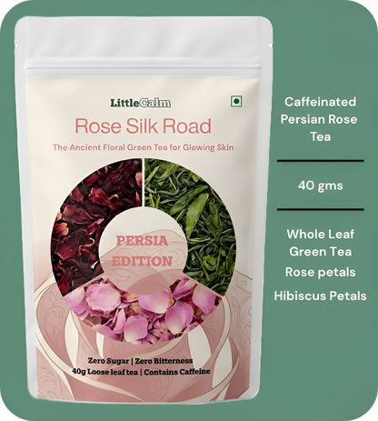 LittleCalm Rose Silk Road Persian rose petals whole leaf green tea hero pouch – premium beauty-from-within loose leaf tea for glow and mood uplift, zero sugar zero bitterness, 40g loose leaf contains caffeine India