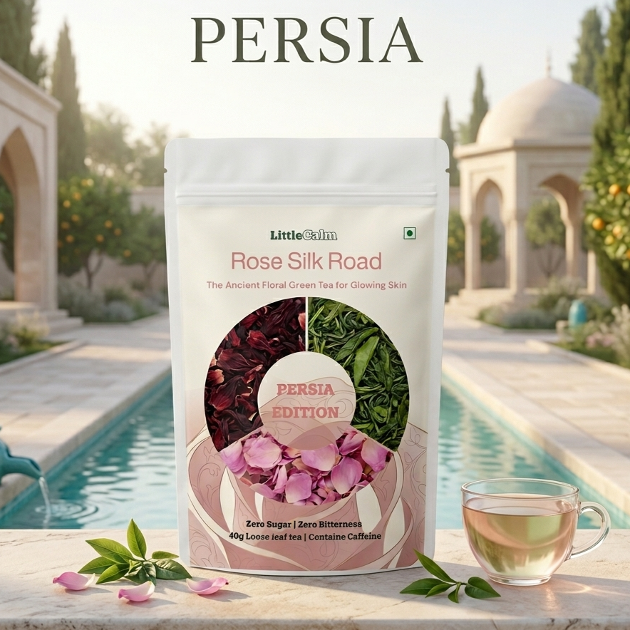 LittleCalm Rose Silk Road — Premium Persian rose petal green tea blend, 40g beauty-from-within glow, zero sugar, Persia Edition, with traditional garden backdrop and fresh rose petals