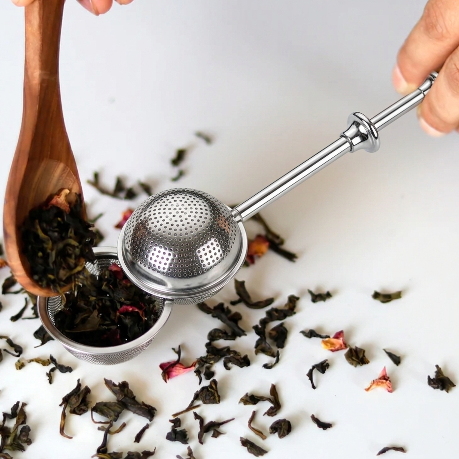LittleCalm silver tea infuser open and filling with loose leaf herbal tea over a glass.